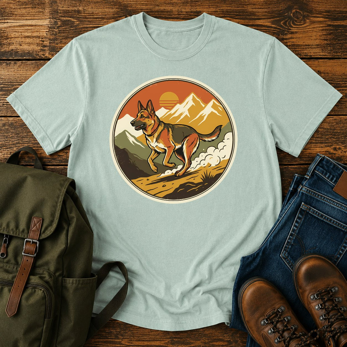 German Shepherd trail running t-shirt design with dog sprinting through mountains