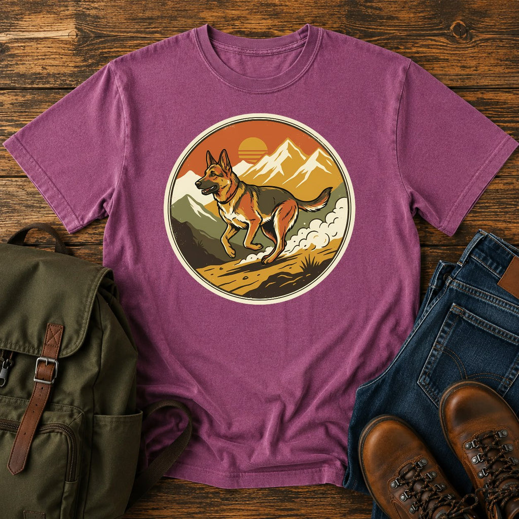 German Shepherd trail running t-shirt design with dog sprinting through mountains