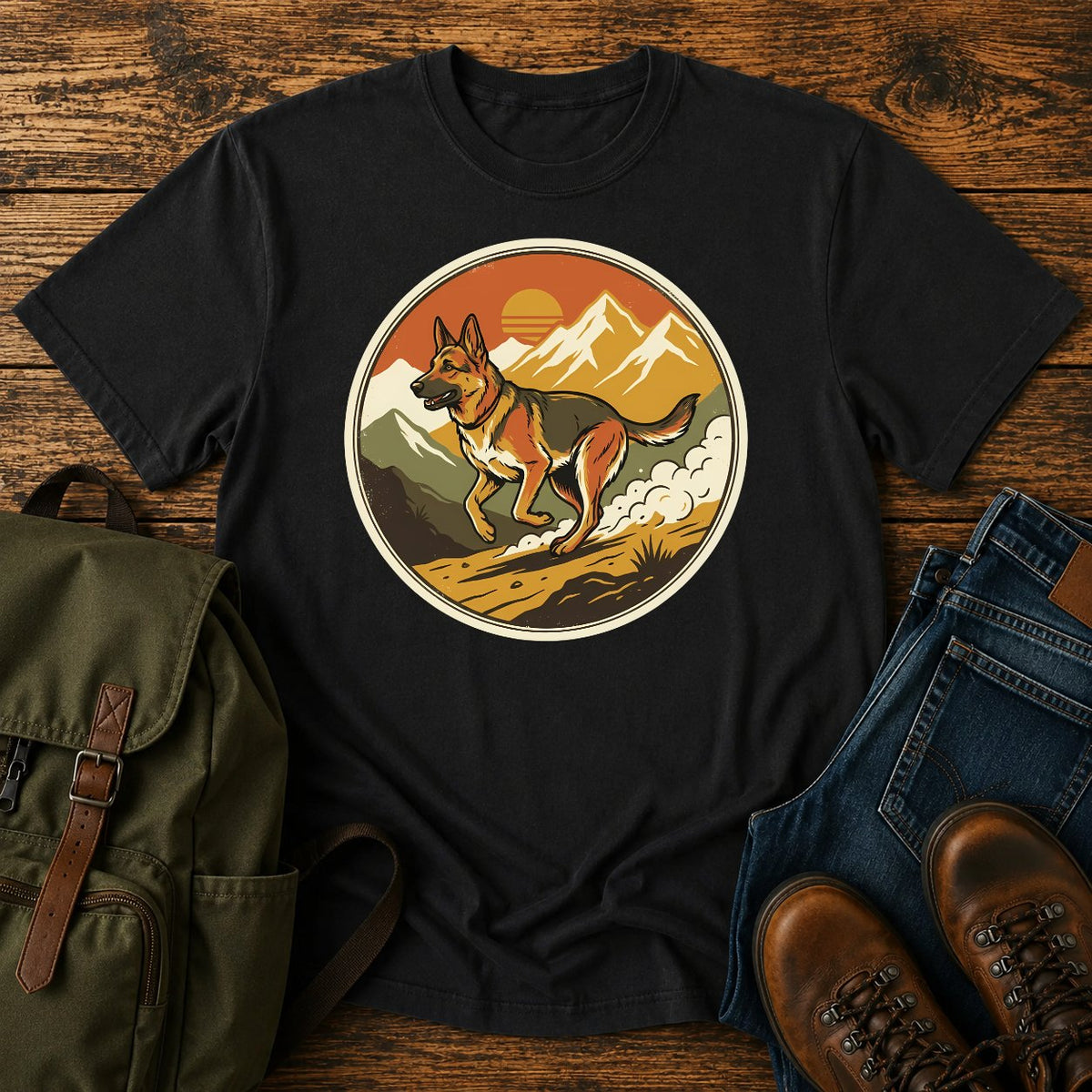 German Shepherd trail running t-shirt design with dog sprinting through mountains