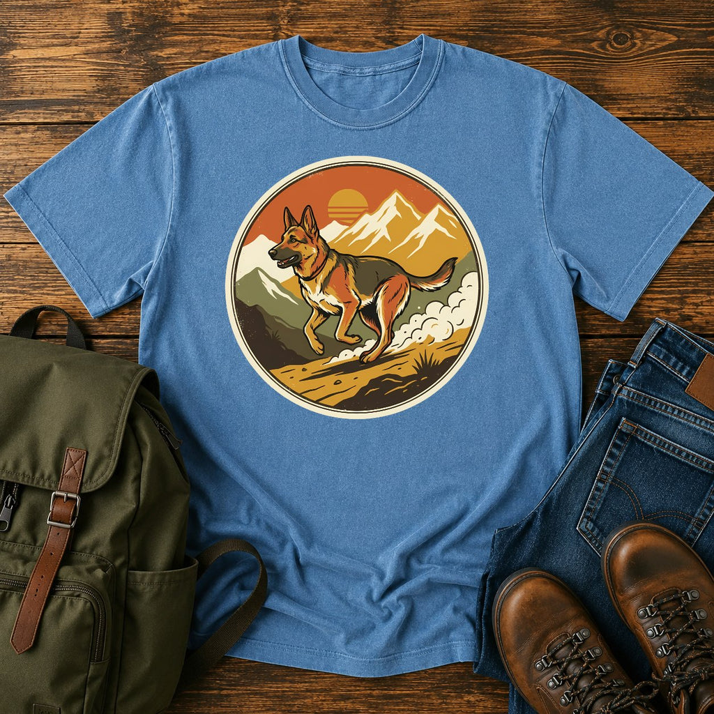 German Shepherd trail running t-shirt design with dog sprinting through mountains