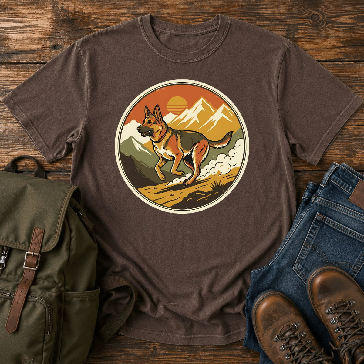 German Shepherd trail running t-shirt design with dog sprinting through mountains