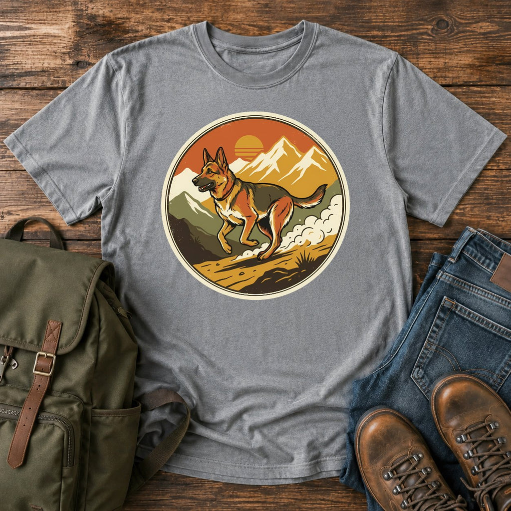 German Shepherd trail running t-shirt design with dog sprinting through mountains
