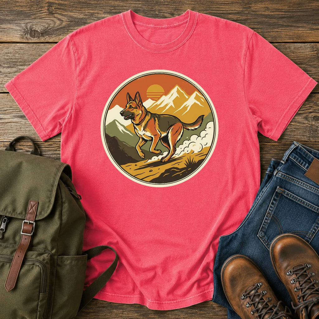 German Shepherd trail running t-shirt design with dog sprinting through mountains