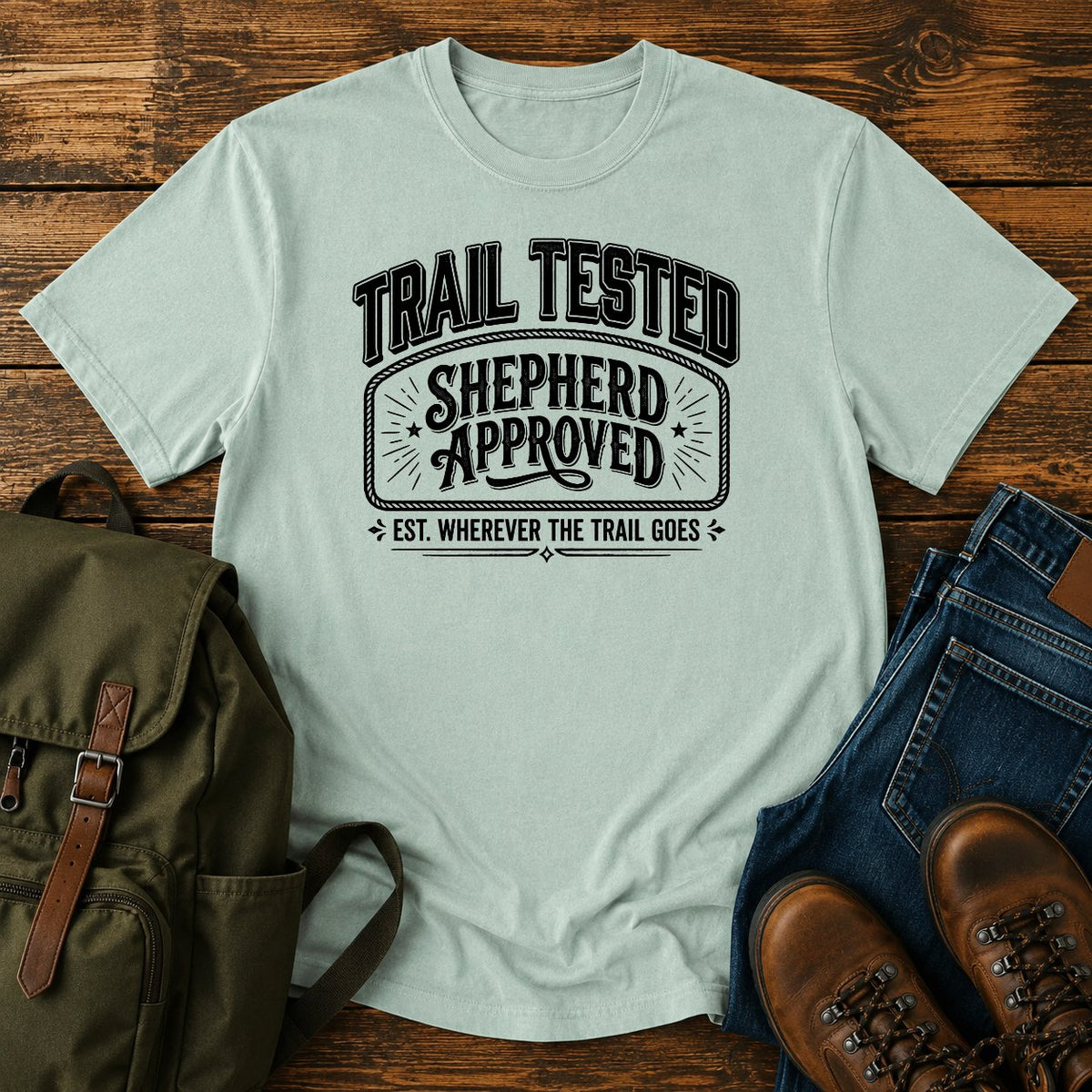 German Shepherd typography t-shirt design — trail tested typography, "Trail Tested, Shepherd Approved"