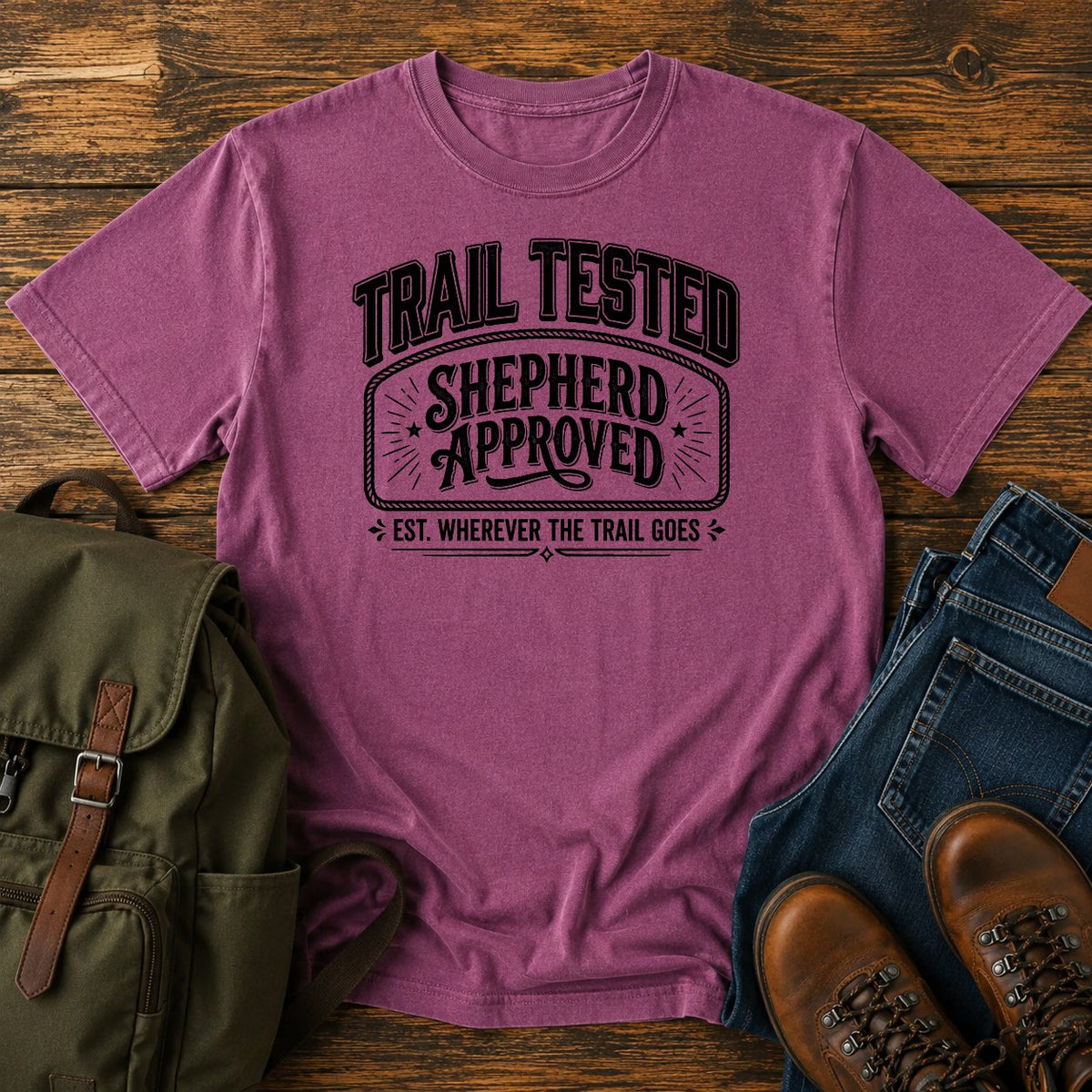 German Shepherd typography t-shirt design — trail tested typography, "Trail Tested, Shepherd Approved"
