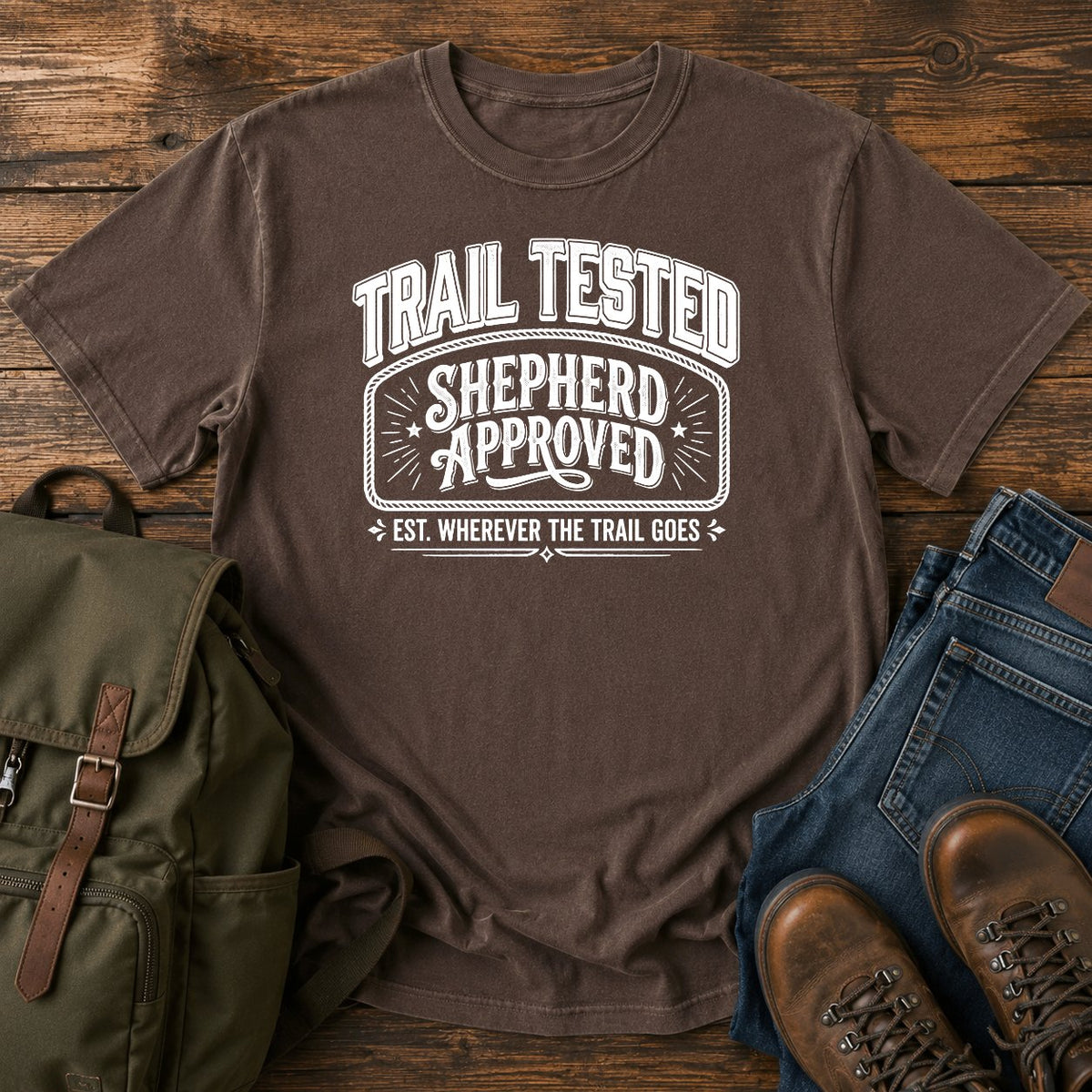 German Shepherd typography t-shirt design — trail tested typography, "Trail Tested, Shepherd Approved"