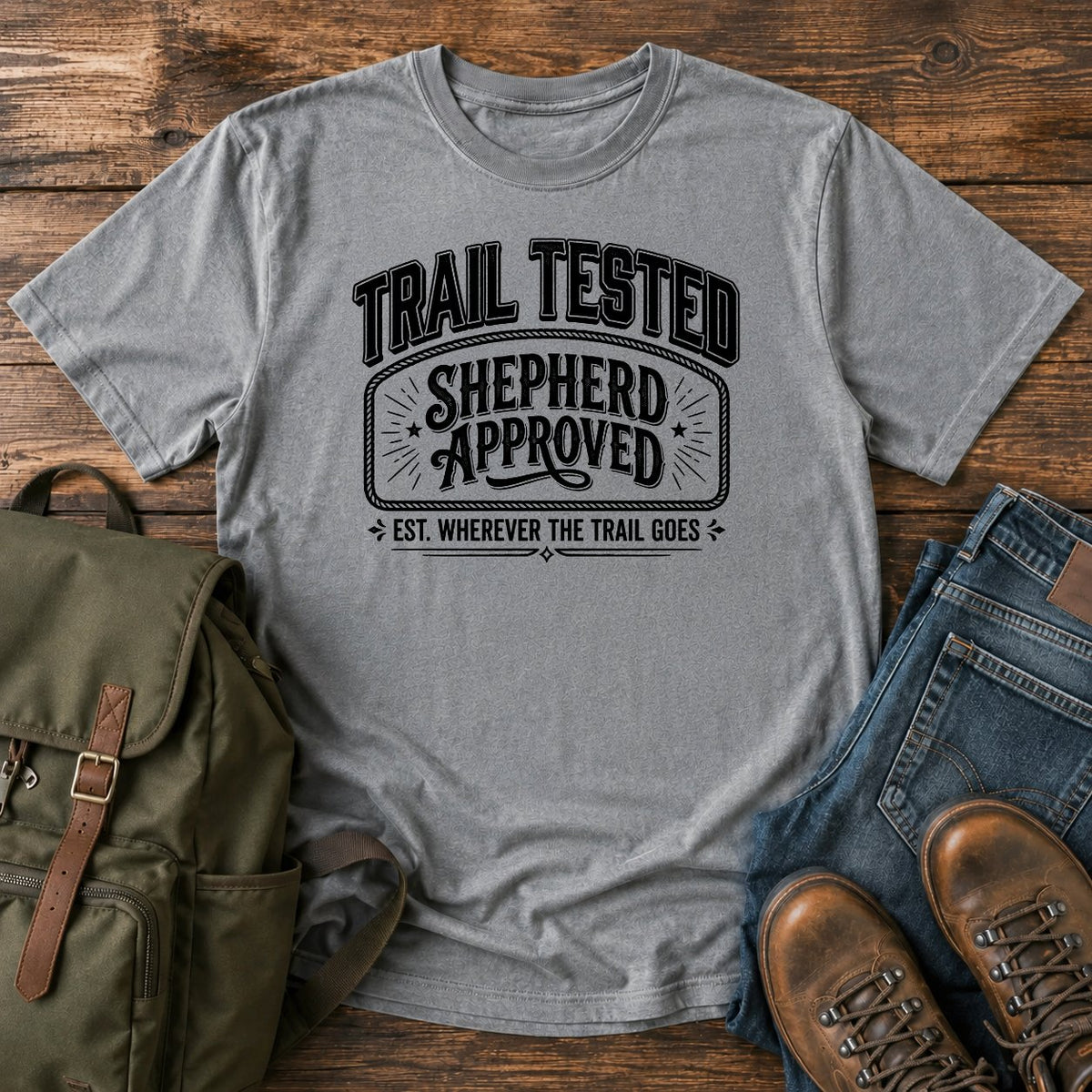German Shepherd typography t-shirt design — trail tested typography, "Trail Tested, Shepherd Approved"