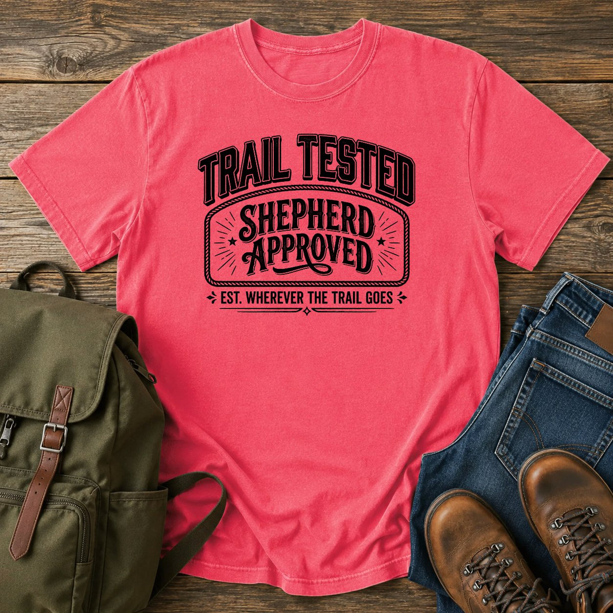 German Shepherd typography t-shirt design — trail tested typography, "Trail Tested, Shepherd Approved"