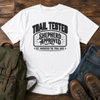 German Shepherd typography t-shirt design — trail tested typography, "Trail Tested, Shepherd Approved"