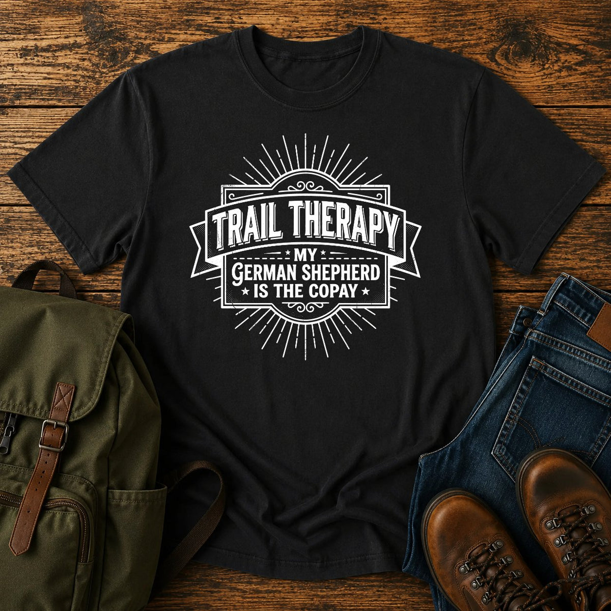 German Shepherd typography t-shirt design — trail therapy typography, "Trail Therapy: My German Shepherd Is The Copay"