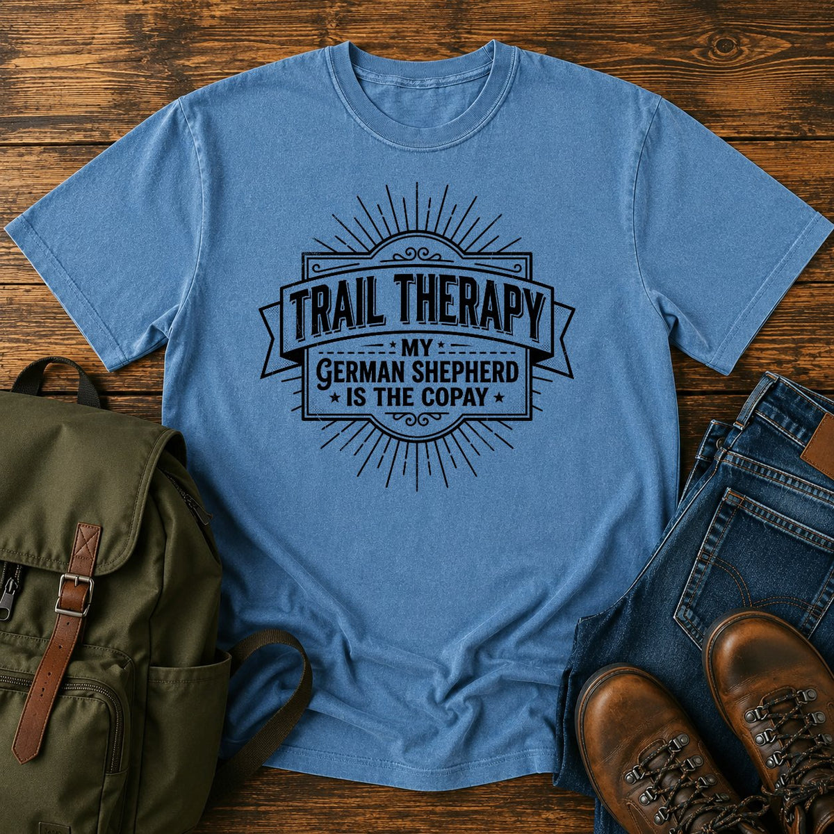 German Shepherd typography t-shirt design — trail therapy typography, "Trail Therapy: My German Shepherd Is The Copay"