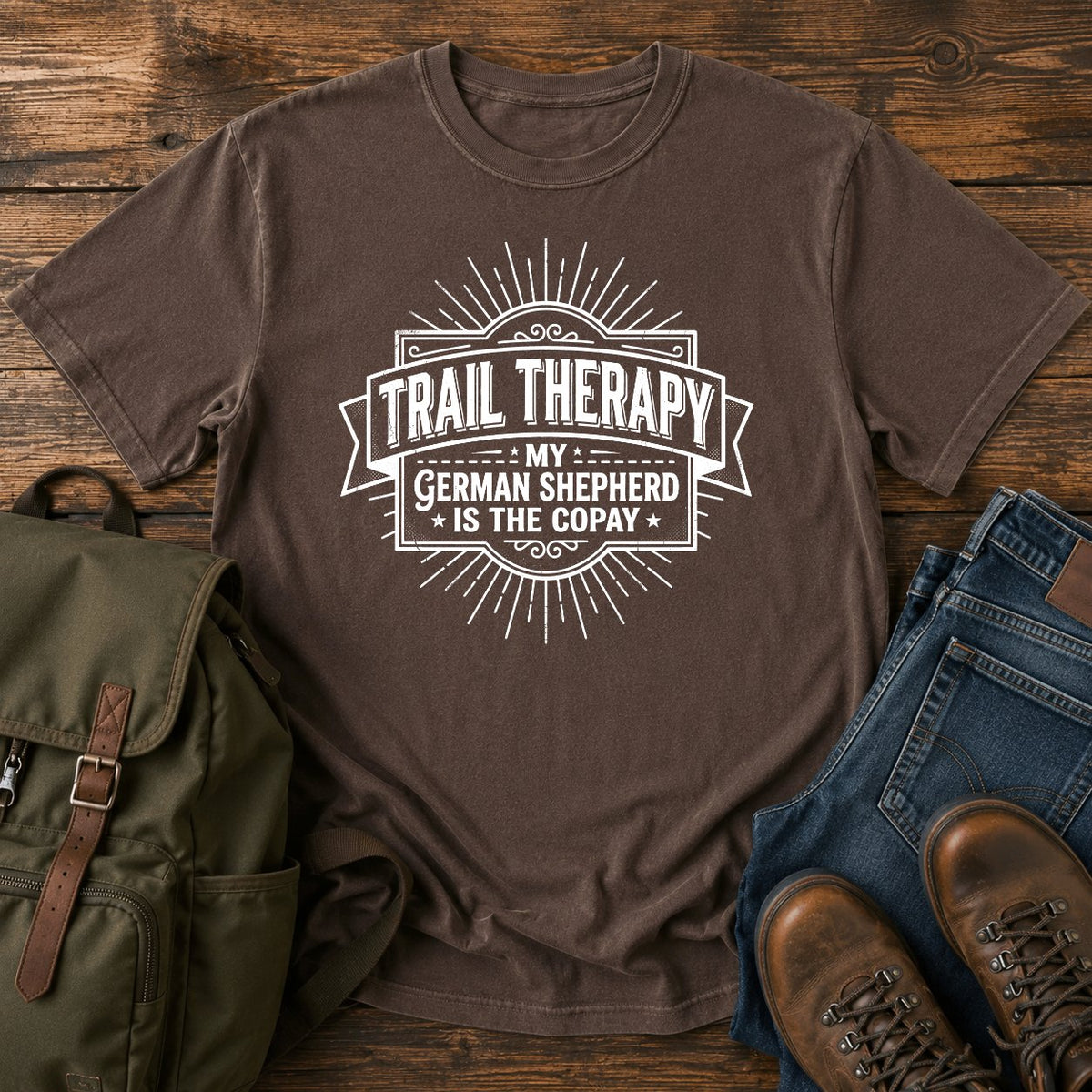 German Shepherd typography t-shirt design — trail therapy typography, "Trail Therapy: My German Shepherd Is The Copay"