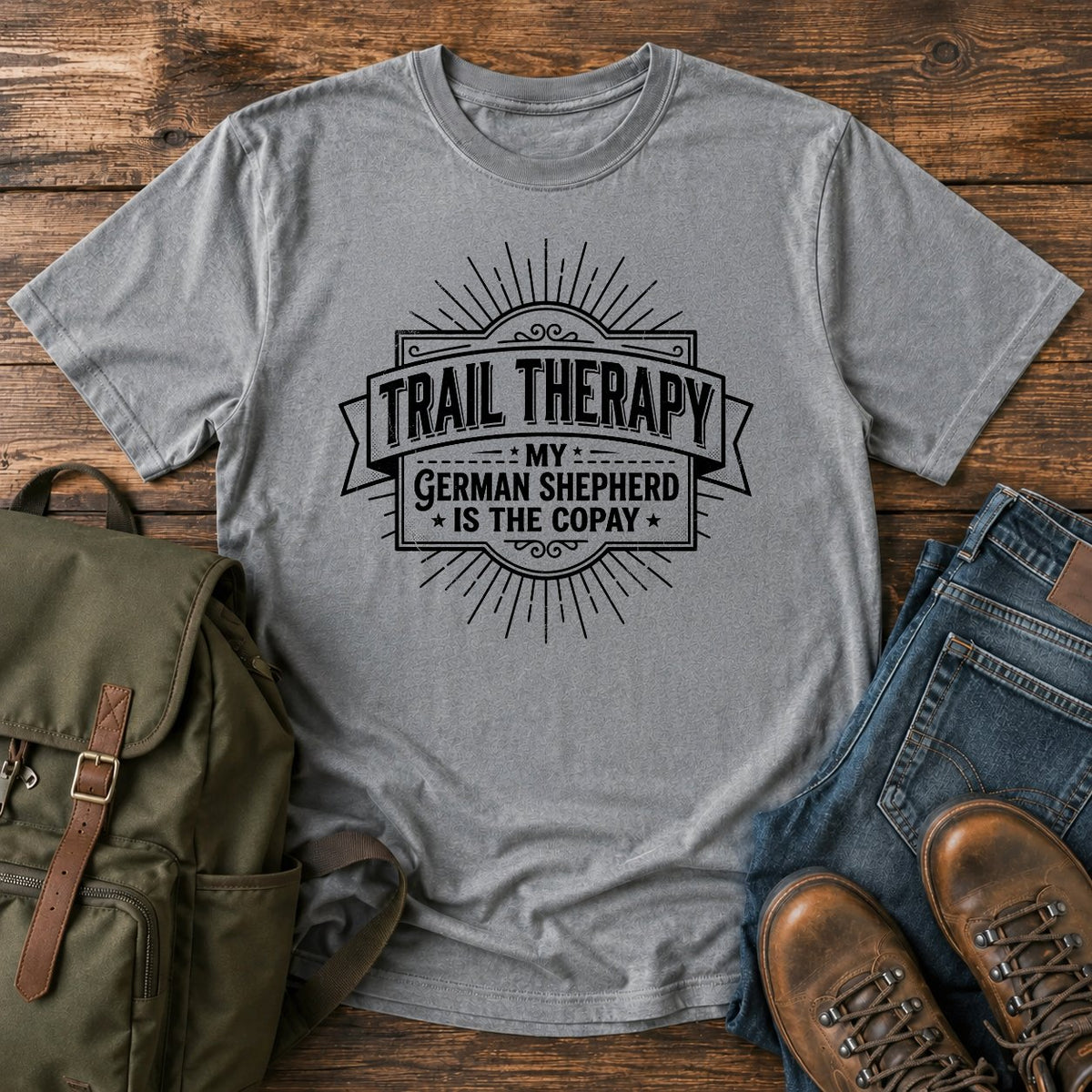 German Shepherd typography t-shirt design — trail therapy typography, "Trail Therapy: My German Shepherd Is The Copay"