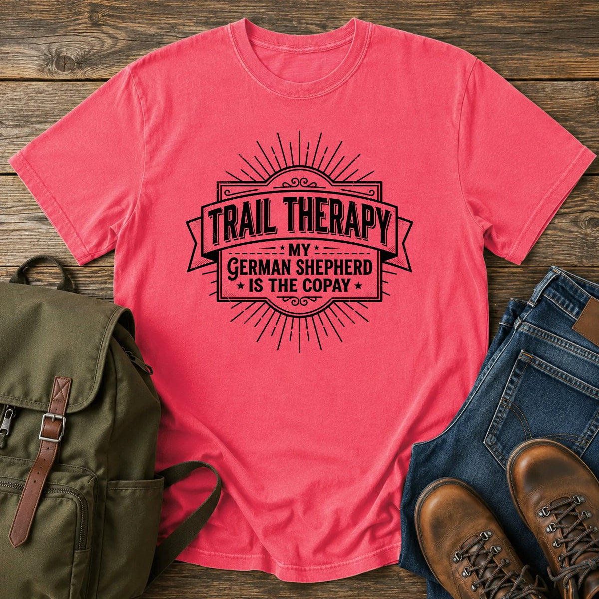 German Shepherd typography t-shirt design — trail therapy typography, "Trail Therapy: My German Shepherd Is The Copay"
