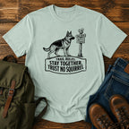 German Shepherd trust no squirrel trail scene t-shirt design — "Trail Rules: Stay Together, Trust No Squirrel"