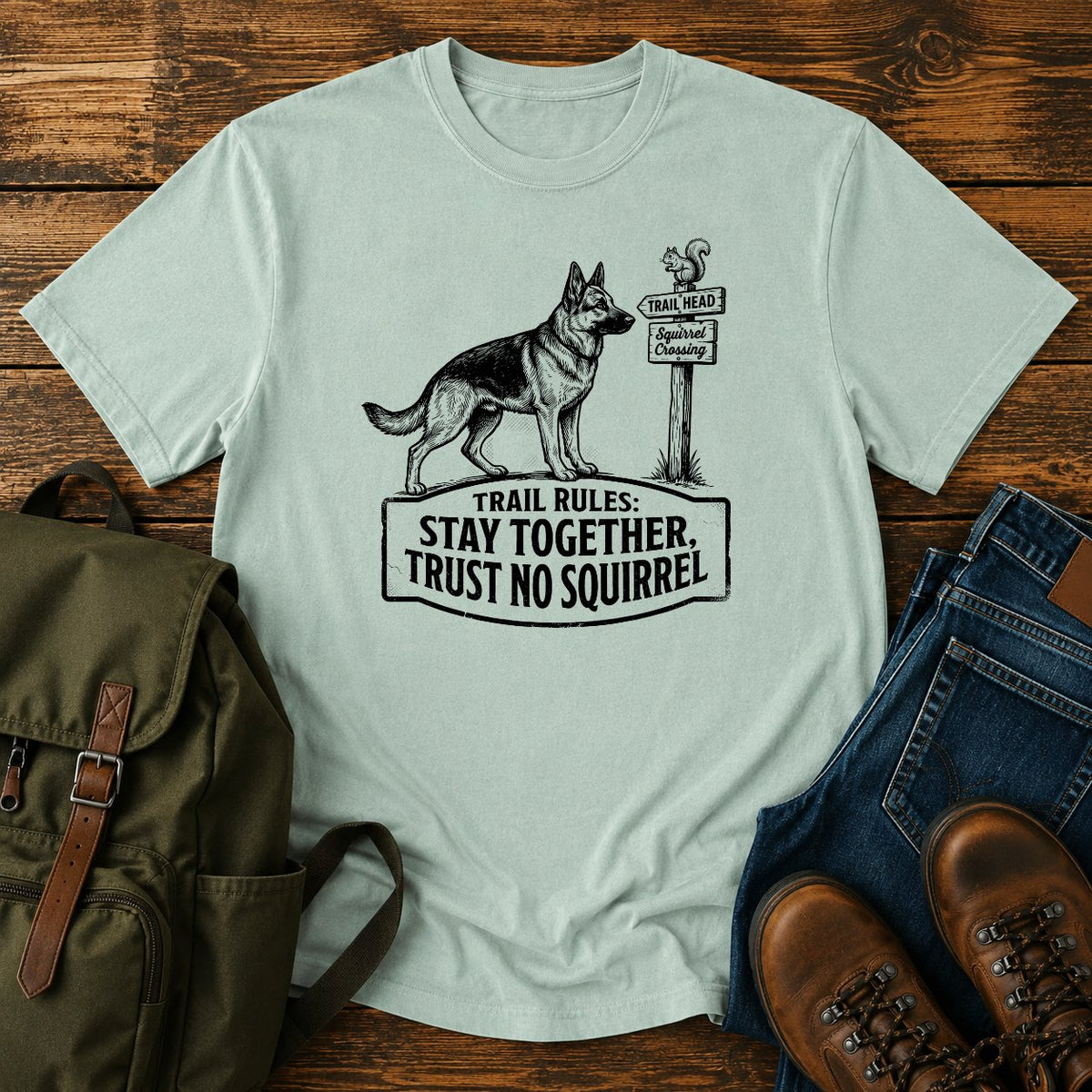 German Shepherd trust no squirrel trail scene t-shirt design — "Trail Rules: Stay Together, Trust No Squirrel"