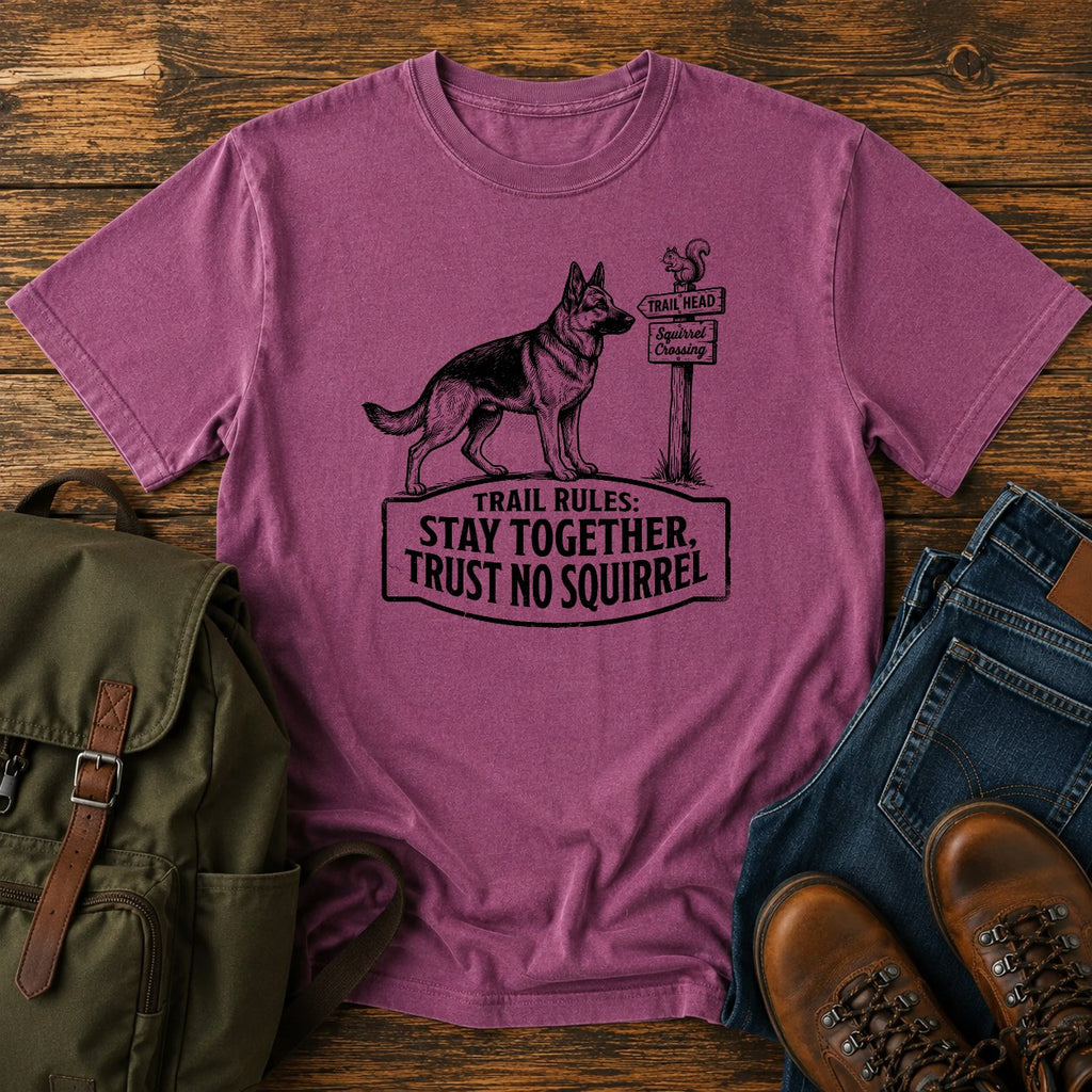 German Shepherd trust no squirrel trail scene t-shirt design — "Trail Rules: Stay Together, Trust No Squirrel"
