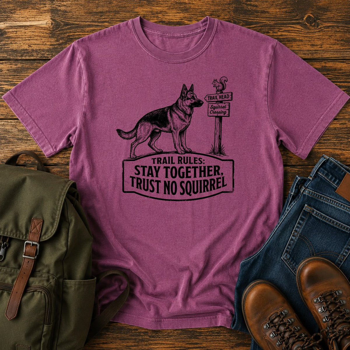 German Shepherd trust no squirrel trail scene t-shirt design — "Trail Rules: Stay Together, Trust No Squirrel"