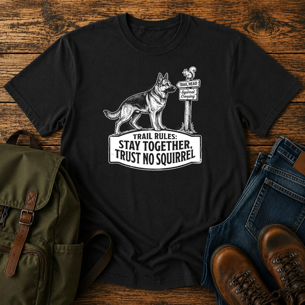 German Shepherd trust no squirrel trail scene t-shirt design — "Trail Rules: Stay Together, Trust No Squirrel"