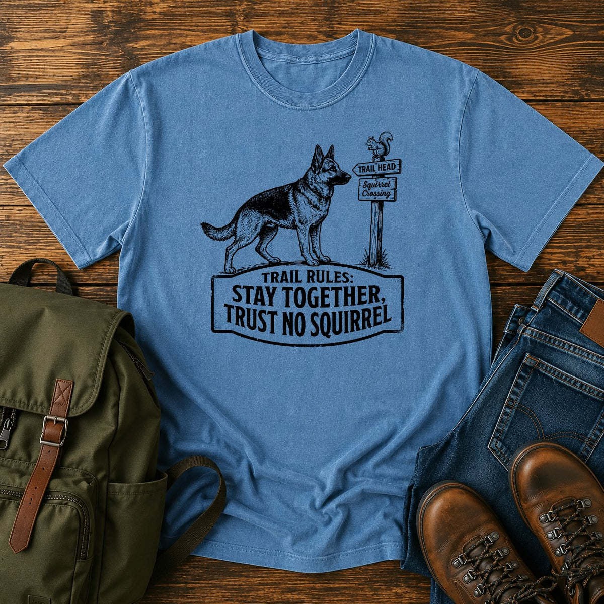 German Shepherd trust no squirrel trail scene t-shirt design — "Trail Rules: Stay Together, Trust No Squirrel"