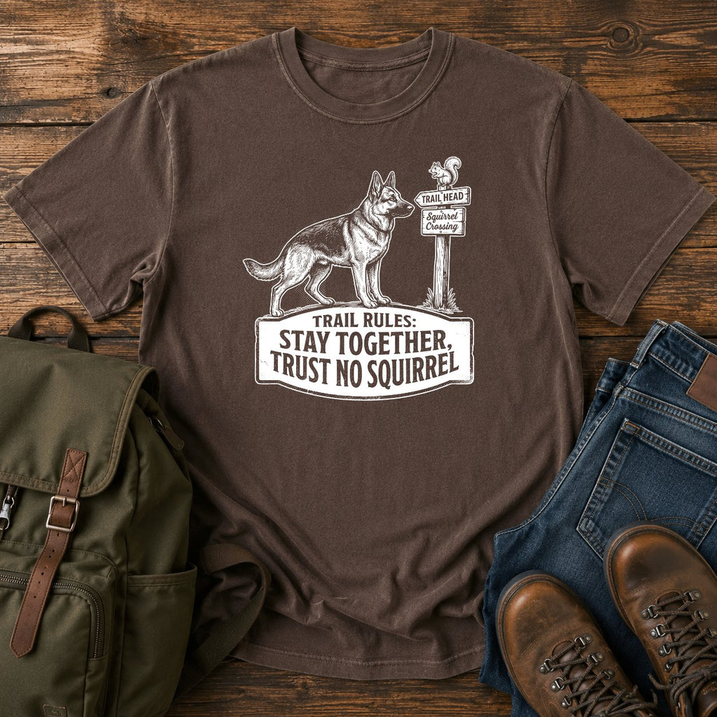 German Shepherd trust no squirrel trail scene t-shirt design — "Trail Rules: Stay Together, Trust No Squirrel"