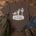 German Shepherd trust no squirrel trail scene t-shirt design — "Trail Rules: Stay Together, Trust No Squirrel"