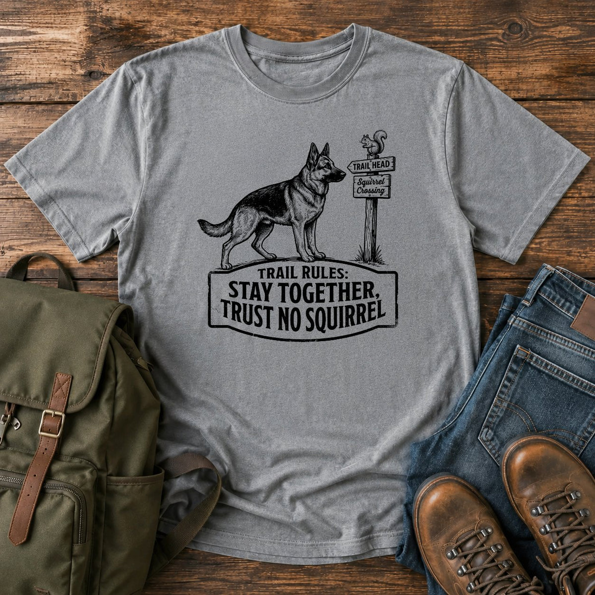 German Shepherd trust no squirrel trail scene t-shirt design — "Trail Rules: Stay Together, Trust No Squirrel"