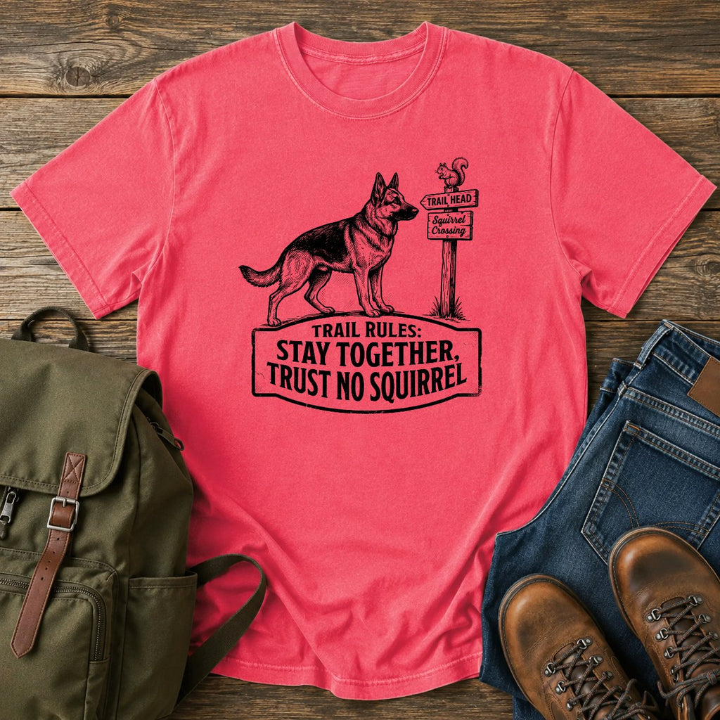 German Shepherd trust no squirrel trail scene t-shirt design — "Trail Rules: Stay Together, Trust No Squirrel"