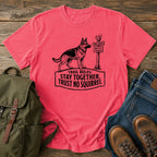 German Shepherd trust no squirrel trail scene t-shirt design — "Trail Rules: Stay Together, Trust No Squirrel"