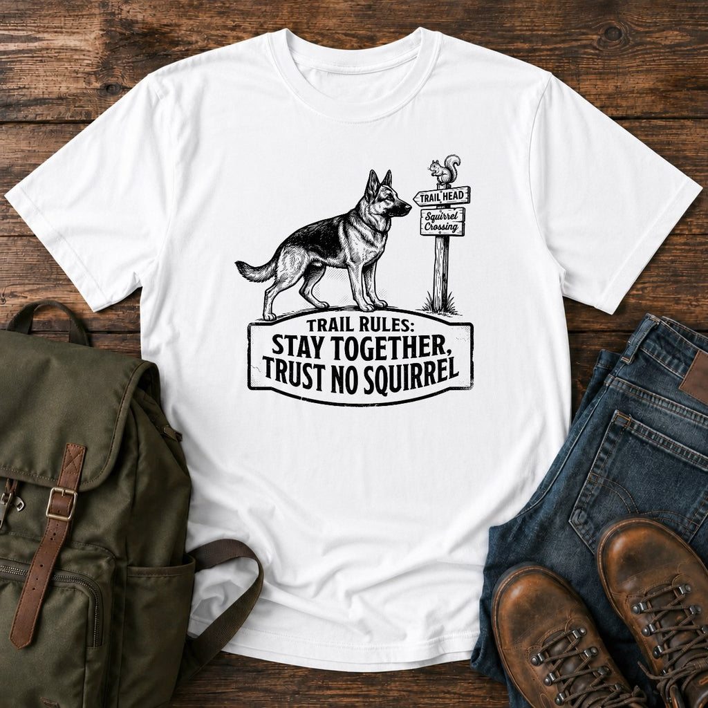 German Shepherd trust no squirrel trail scene t-shirt design — "Trail Rules: Stay Together, Trust No Squirrel"