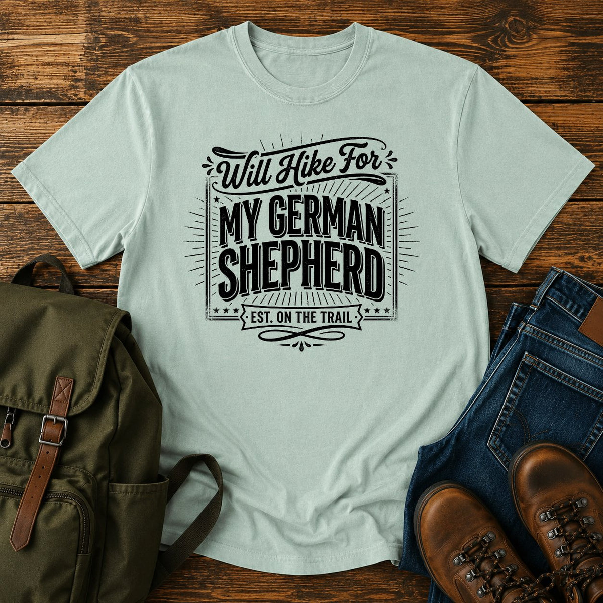 German Shepherd typography t-shirt design — will hike typography, "Will Hike For My German Shepherd"
