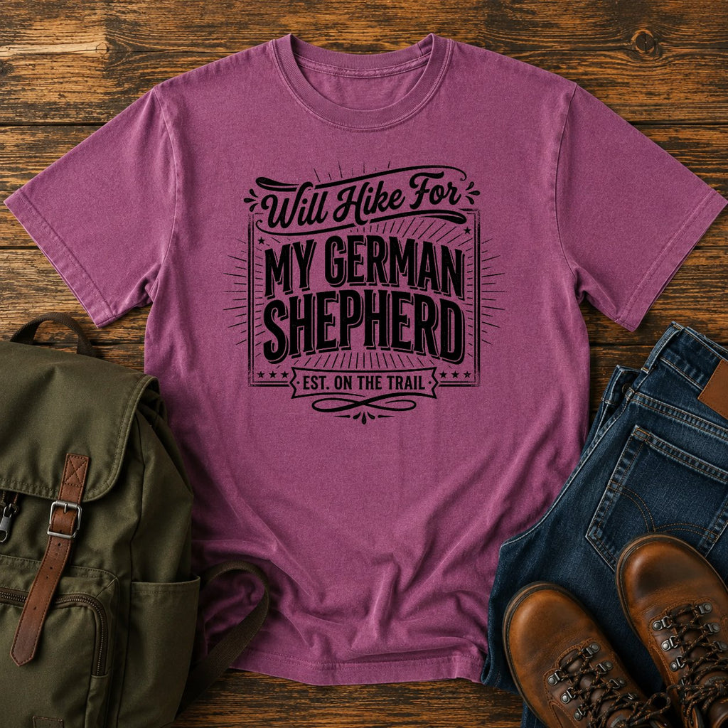 German Shepherd typography t-shirt design — will hike typography, "Will Hike For My German Shepherd"