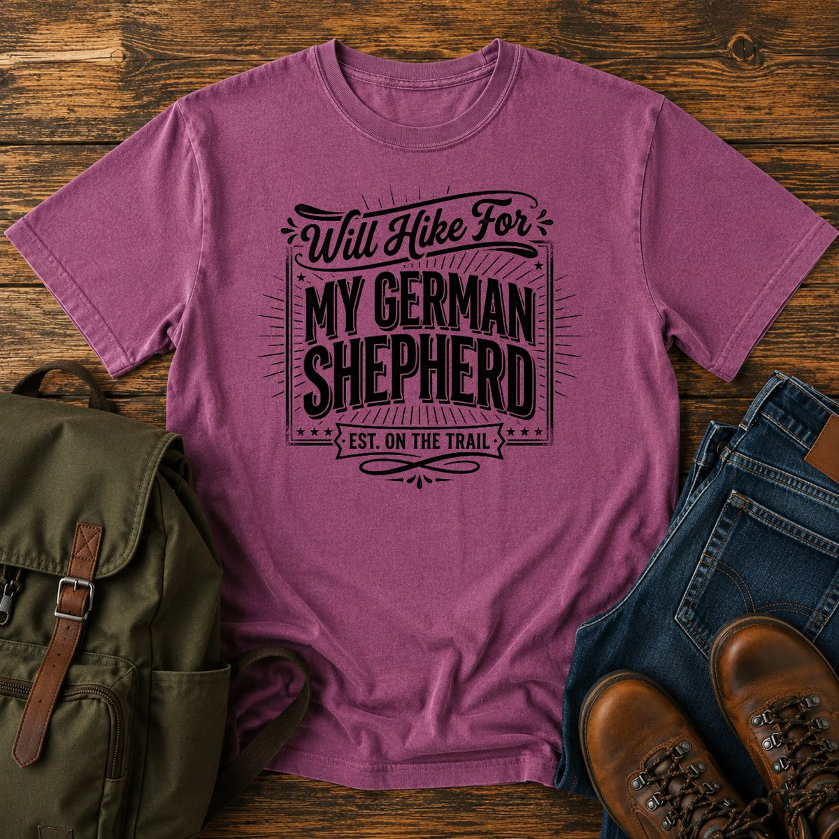 German Shepherd typography t-shirt design — will hike typography, "Will Hike For My German Shepherd"