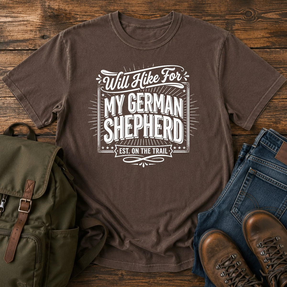 German Shepherd typography t-shirt design — will hike typography, "Will Hike For My German Shepherd"