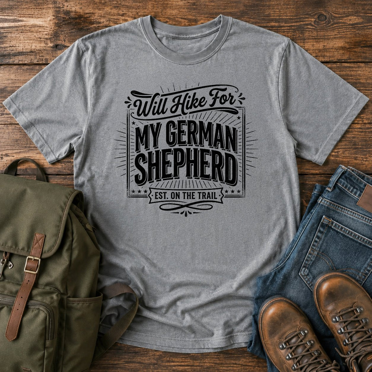 German Shepherd typography t-shirt design — will hike typography, "Will Hike For My German Shepherd"