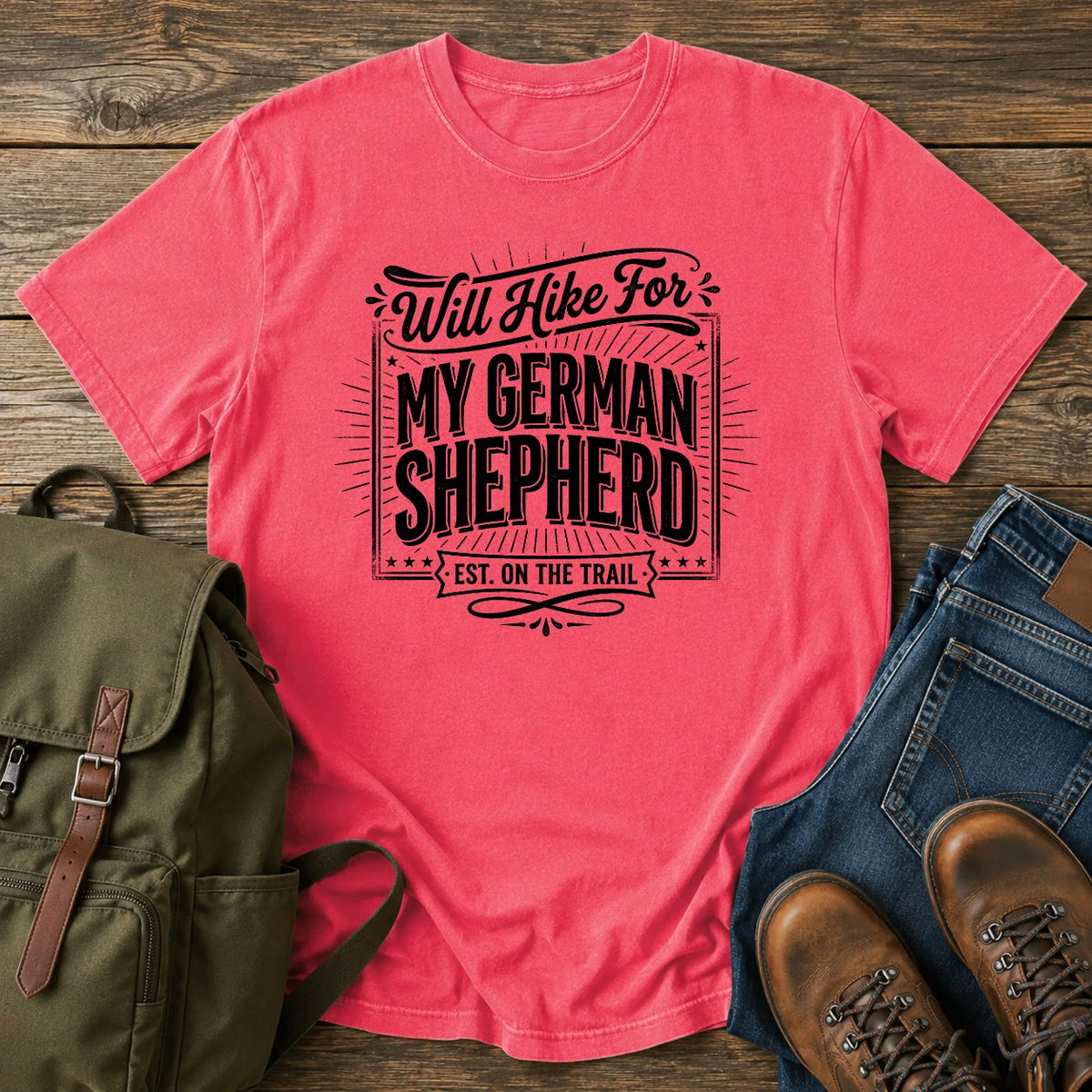 German Shepherd typography t-shirt design — will hike typography, "Will Hike For My German Shepherd"