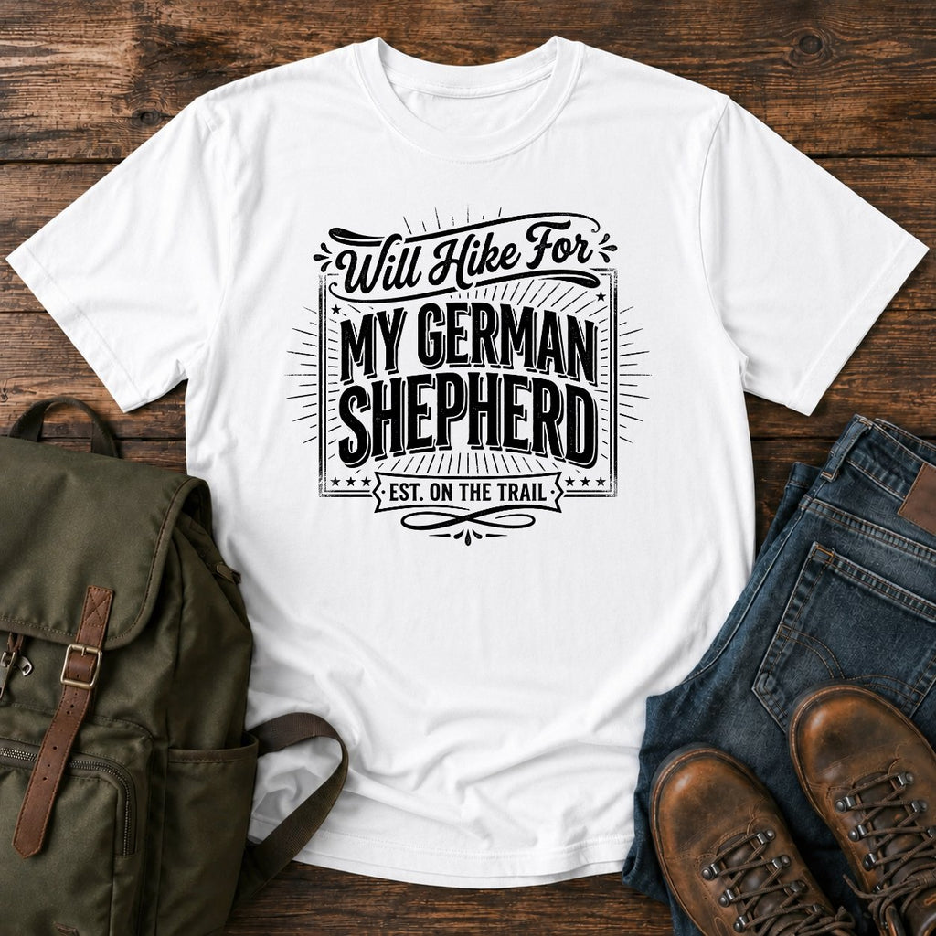 German Shepherd typography t-shirt design — will hike typography, "Will Hike For My German Shepherd"
