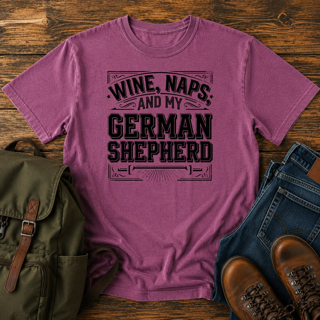 German Shepherd wine and naps t-shirt design with bold retro typography