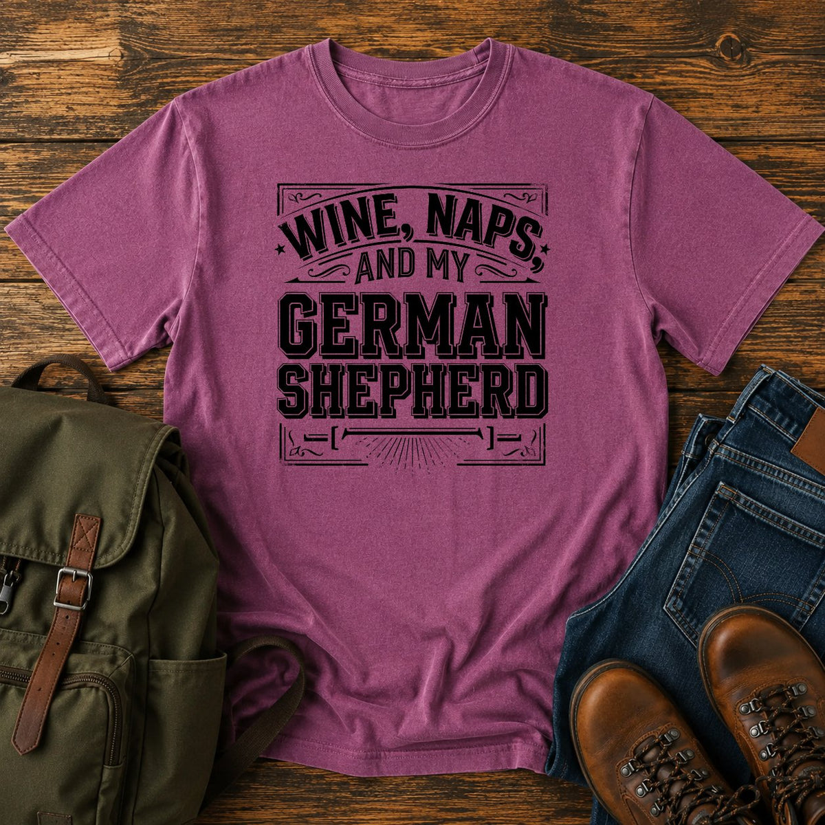 German Shepherd wine and naps t-shirt design with bold retro typography