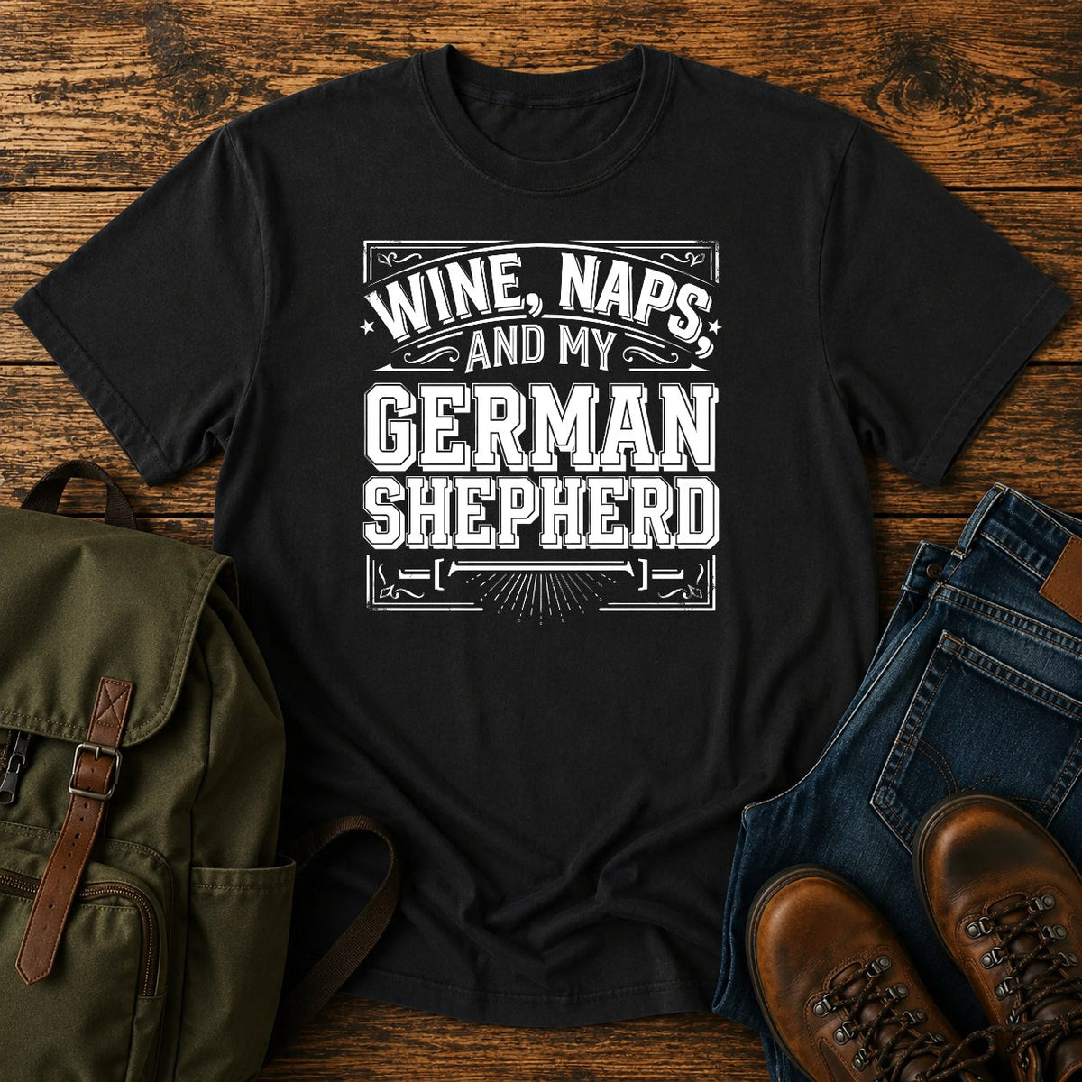 German Shepherd wine and naps t-shirt design with bold retro typography