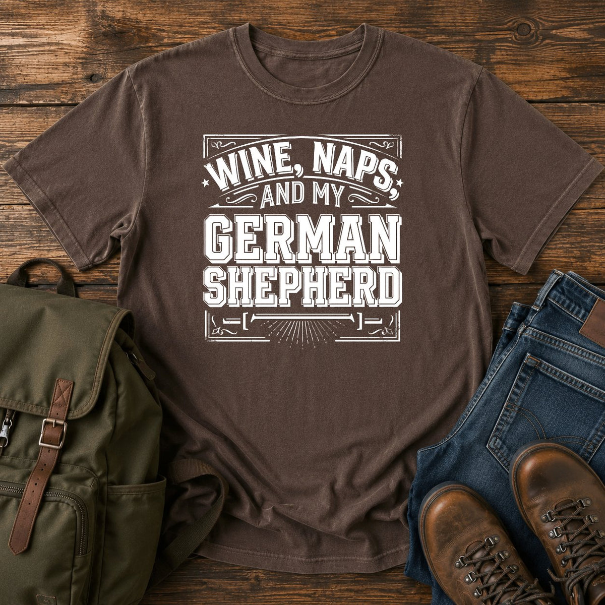 German Shepherd wine and naps t-shirt design with bold retro typography