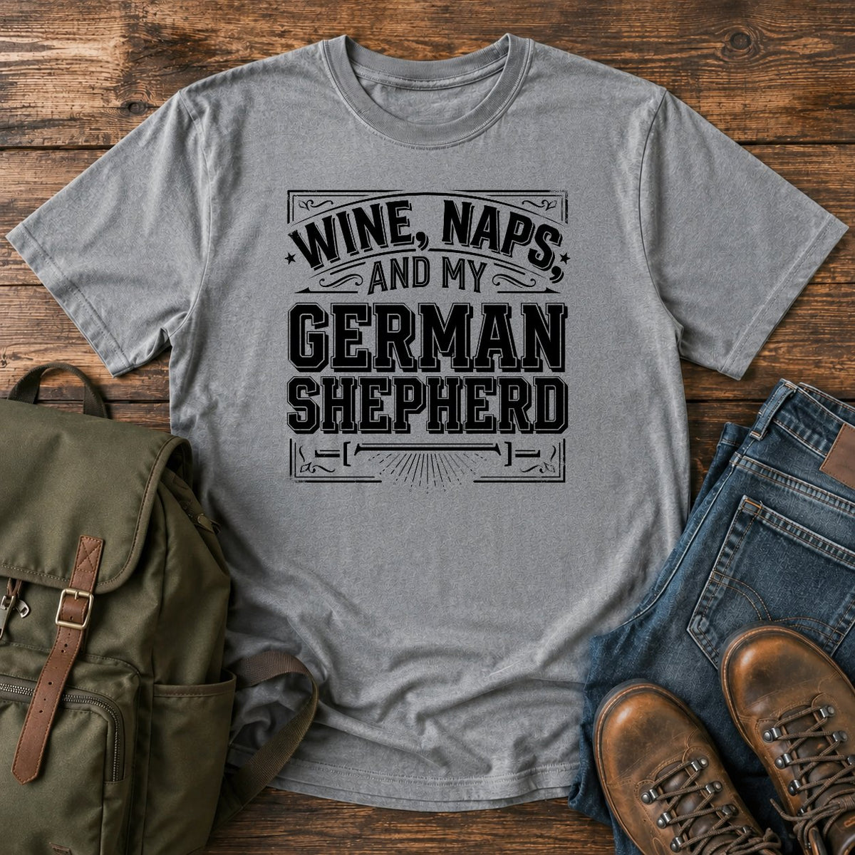 German Shepherd wine and naps t-shirt design with bold retro typography