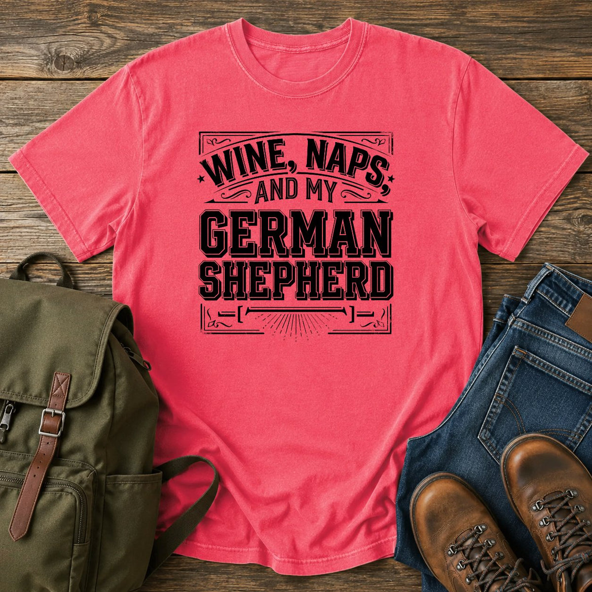 German Shepherd wine and naps t-shirt design with bold retro typography