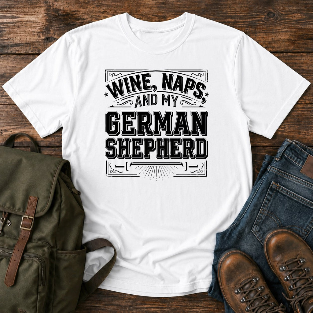 German Shepherd wine and naps t-shirt design with bold retro typography