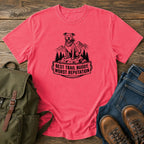 Pit Bull best trail buddy t-shirt design — smiling pit bull hiking with mountain trail badge, "Best Trail Buddy, Worst Reputation"